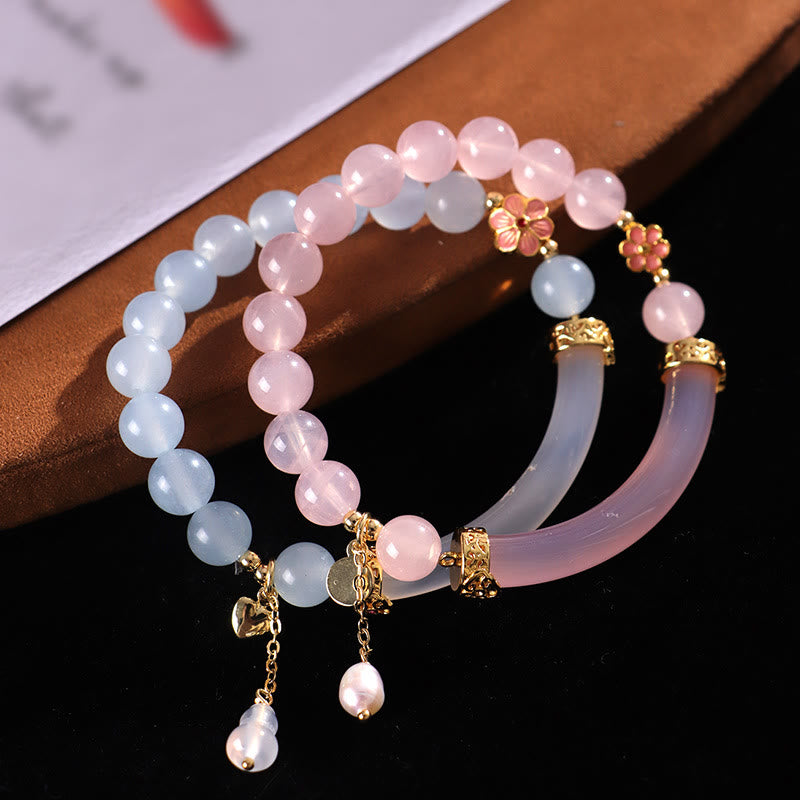 Wear FengShui Pink Crystal Blue Chalcedony Pearl Cuff Half Bracelet Bangle