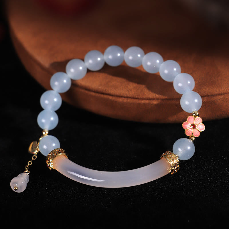 Wear FengShui Pink Crystal Blue Chalcedony Pearl Cuff Half Bracelet Bangle
