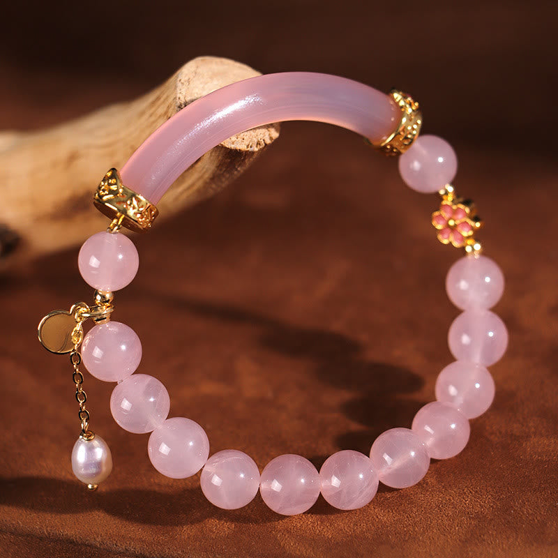 Wear FengShui Pink Crystal Blue Chalcedony Pearl Cuff Half Bracelet Bangle