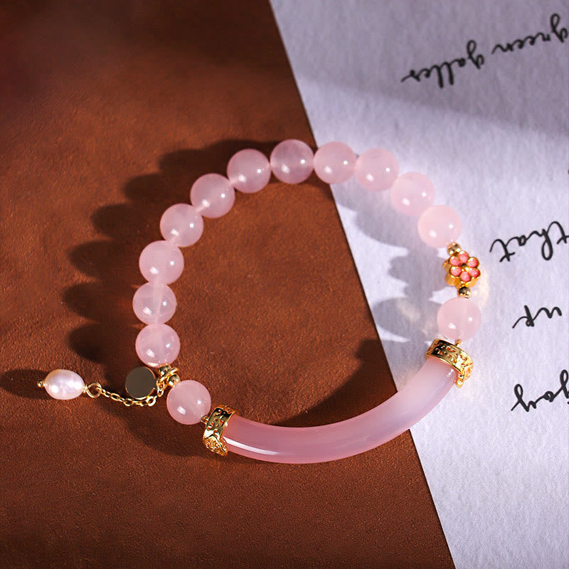 Wear FengShui Pink Crystal Blue Chalcedony Pearl Cuff Half Bracelet Bangle