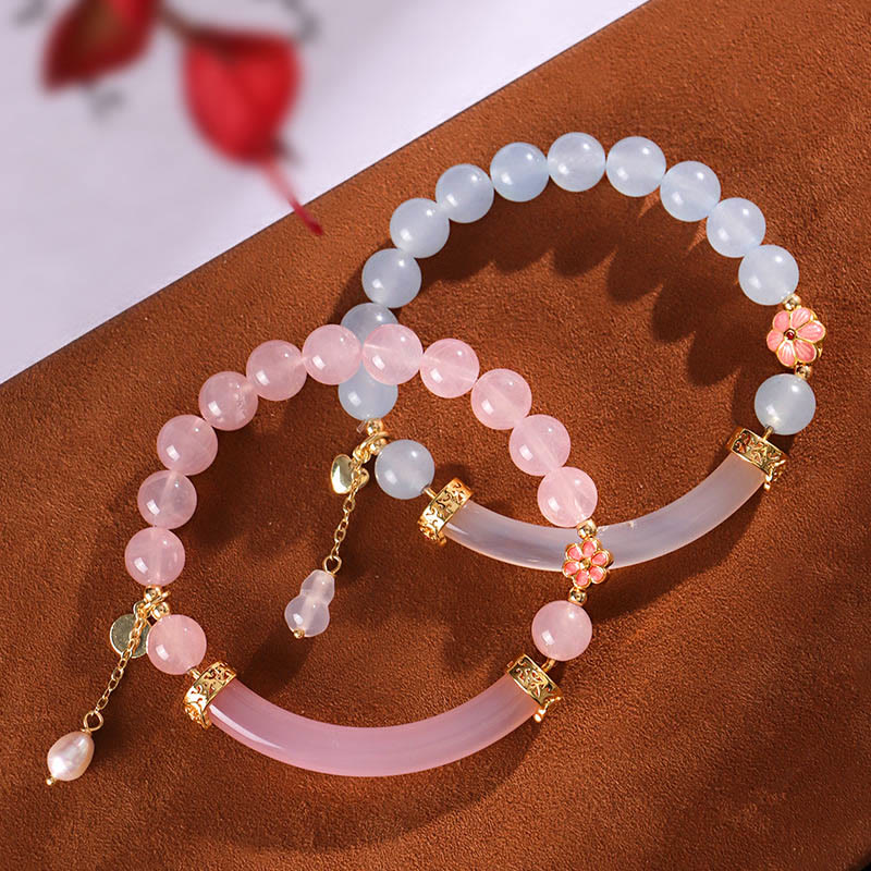 Wear FengShui Pink Crystal Blue Chalcedony Pearl Cuff Half Bracelet Bangle