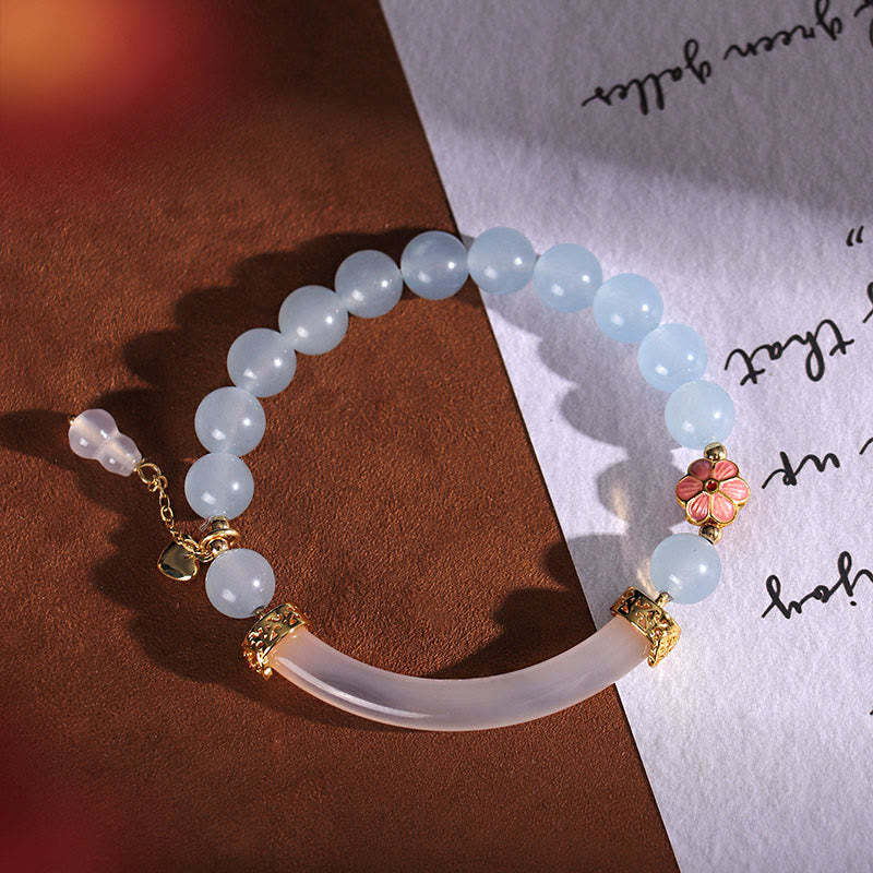 Wear FengShui Pink Crystal Blue Chalcedony Pearl Cuff Half Bracelet Bangle