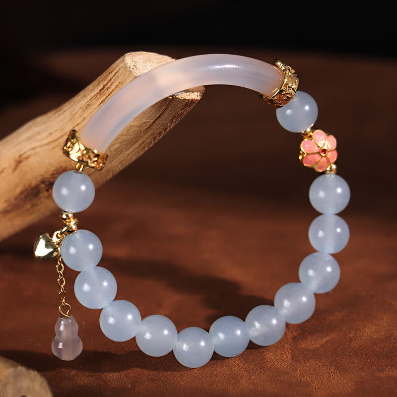 Wear FengShui Pink Crystal Blue Chalcedony Pearl Cuff Half Bracelet Bangle