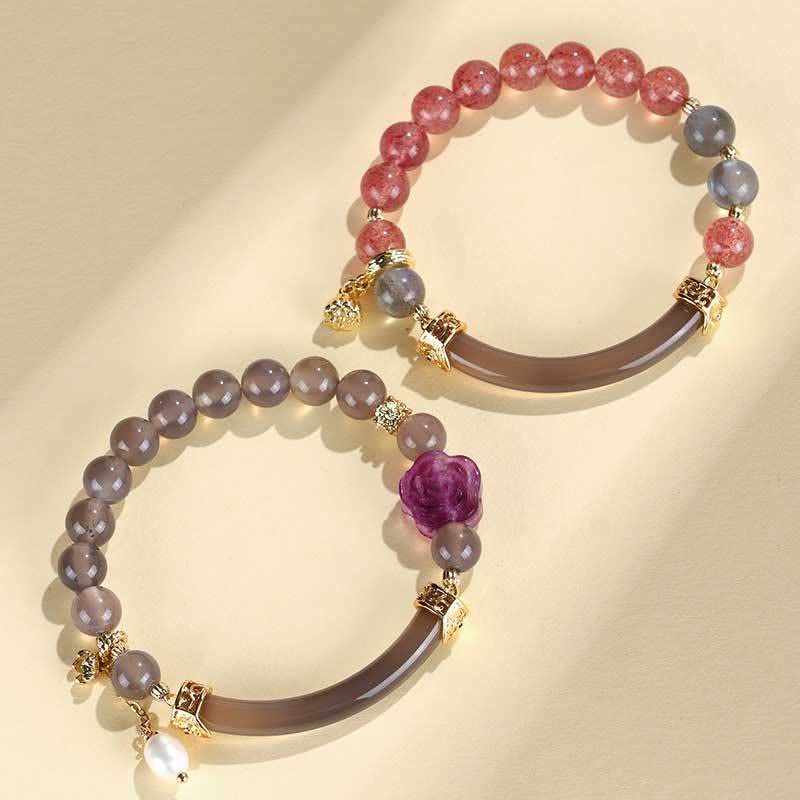 Wear FengShui Strawberry Quartz Labradorite Fluorite Pearl Cuff Half Bracelet Bangle