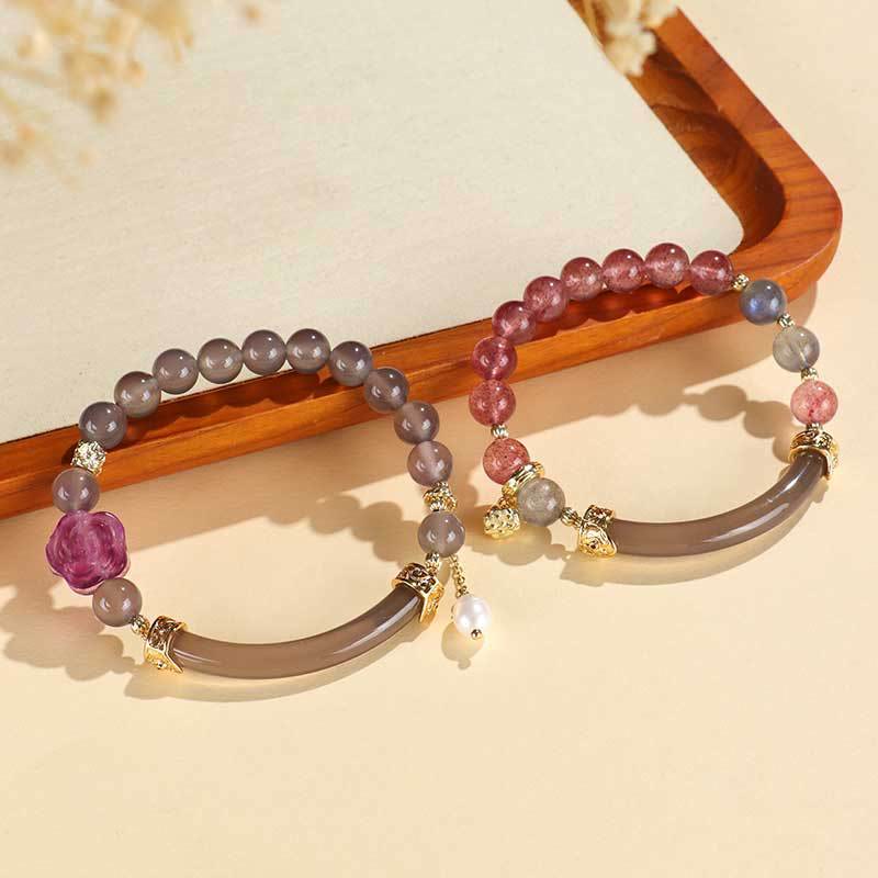 Wear FengShui Strawberry Quartz Labradorite Fluorite Pearl Cuff Half Bracelet Bangle
