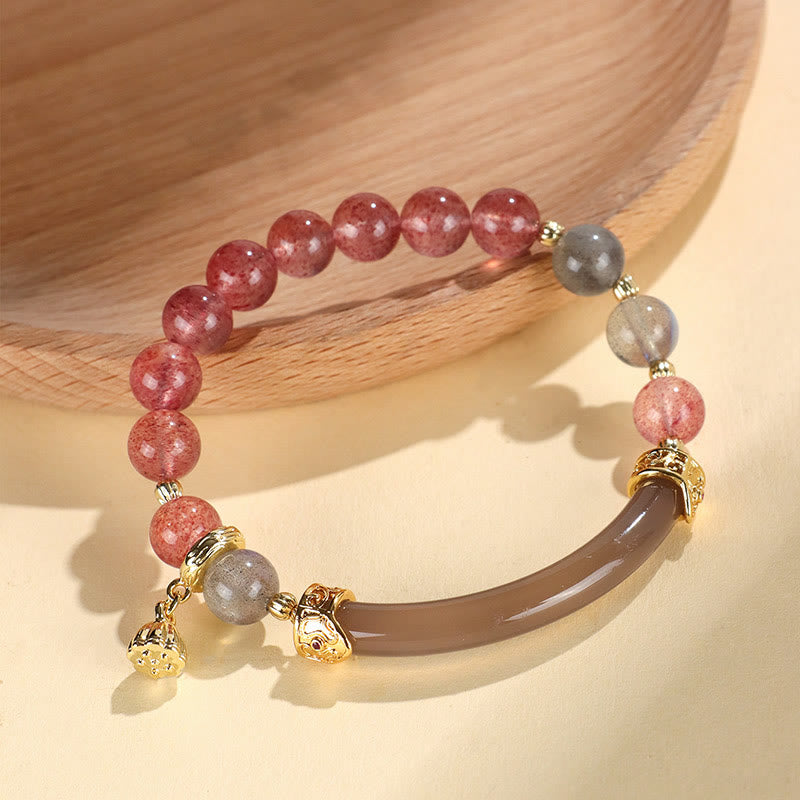 Wear FengShui Strawberry Quartz Labradorite Fluorite Pearl Cuff Half Bracelet Bangle