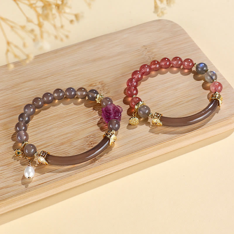 Wear FengShui Strawberry Quartz Labradorite Fluorite Pearl Cuff Half Bracelet Bangle