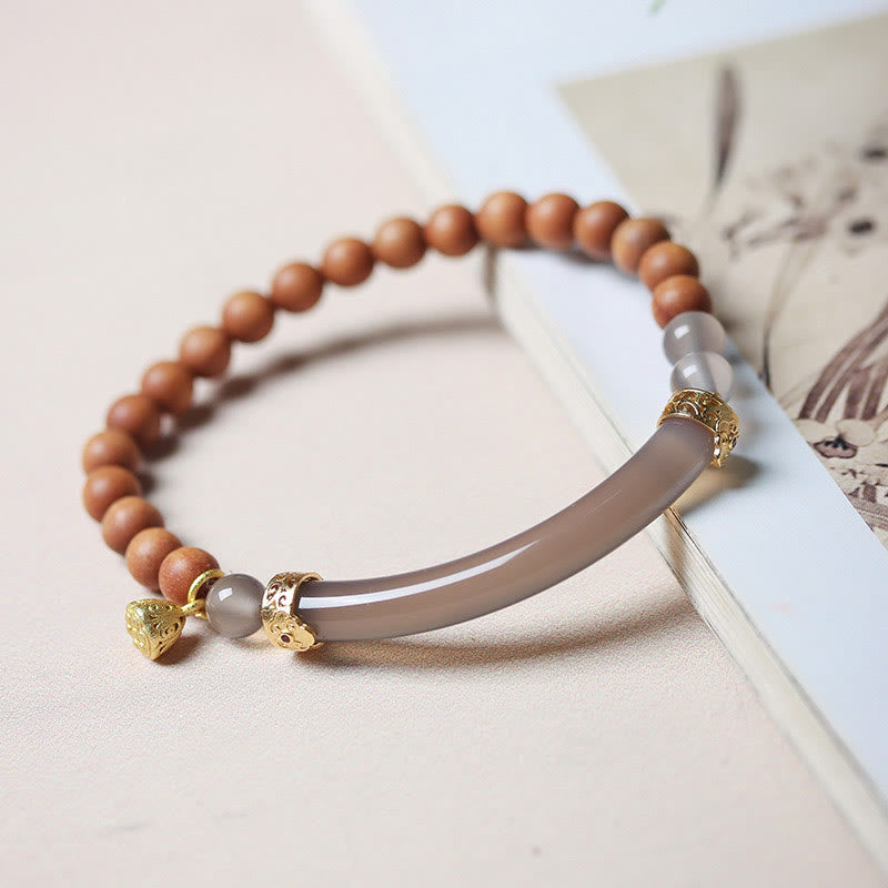 Wear FengShui Sandalwood Gray Agate Chalcedony Cuff Half Bracelet Bangle