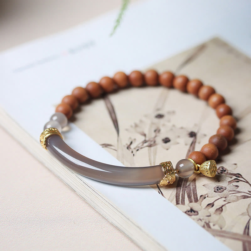 Wear FengShui Sandalwood Gray Agate Chalcedony Cuff Half Bracelet Bangle