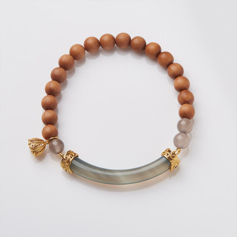 Wear FengShui Sandalwood Gray Agate Chalcedony Cuff Half Bracelet Bangle