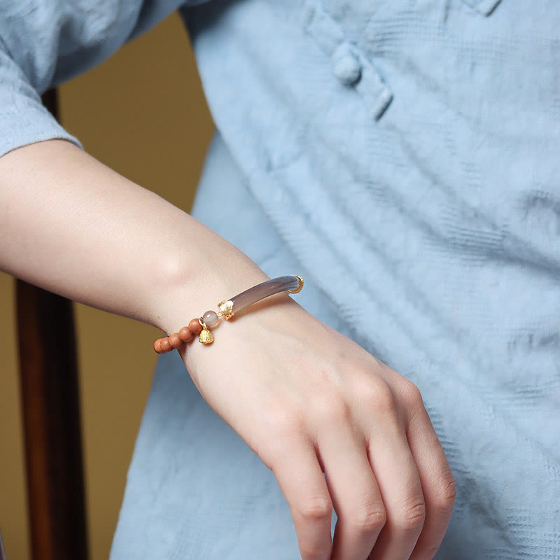 Wear FengShui Sandalwood Gray Agate Chalcedony Cuff Half Bracelet Bangle