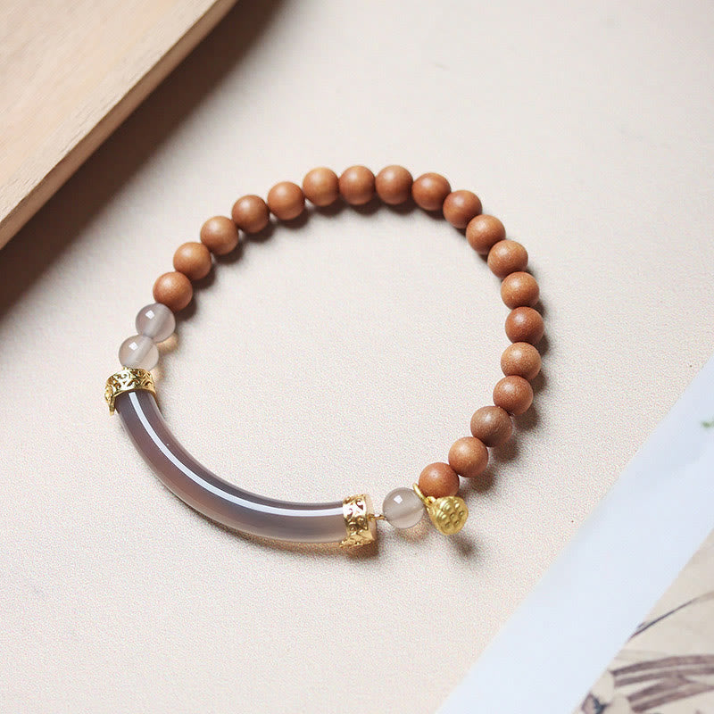 Wear FengShui Sandalwood Gray Agate Chalcedony Cuff Half Bracelet Bangle