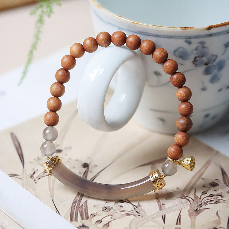 Wear FengShui Sandalwood Gray Agate Chalcedony Cuff Half Bracelet Bangle
