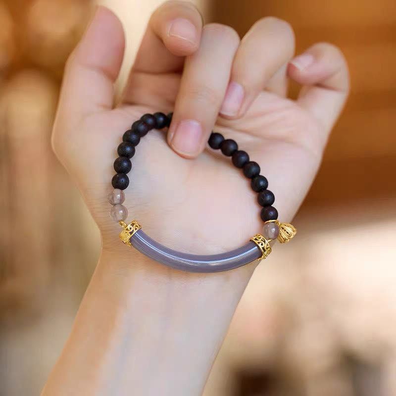 Wear FengShui Sandalwood Gray Agate Chalcedony Cuff Half Bracelet Bangle
