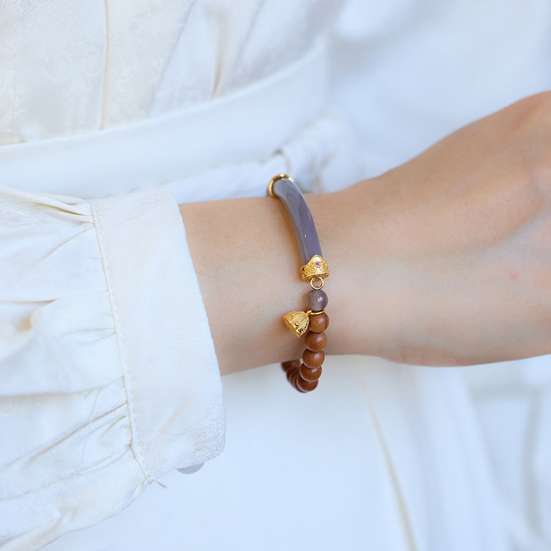 Wear FengShui Sandalwood Gray Agate Chalcedony Cuff Half Bracelet Bangle