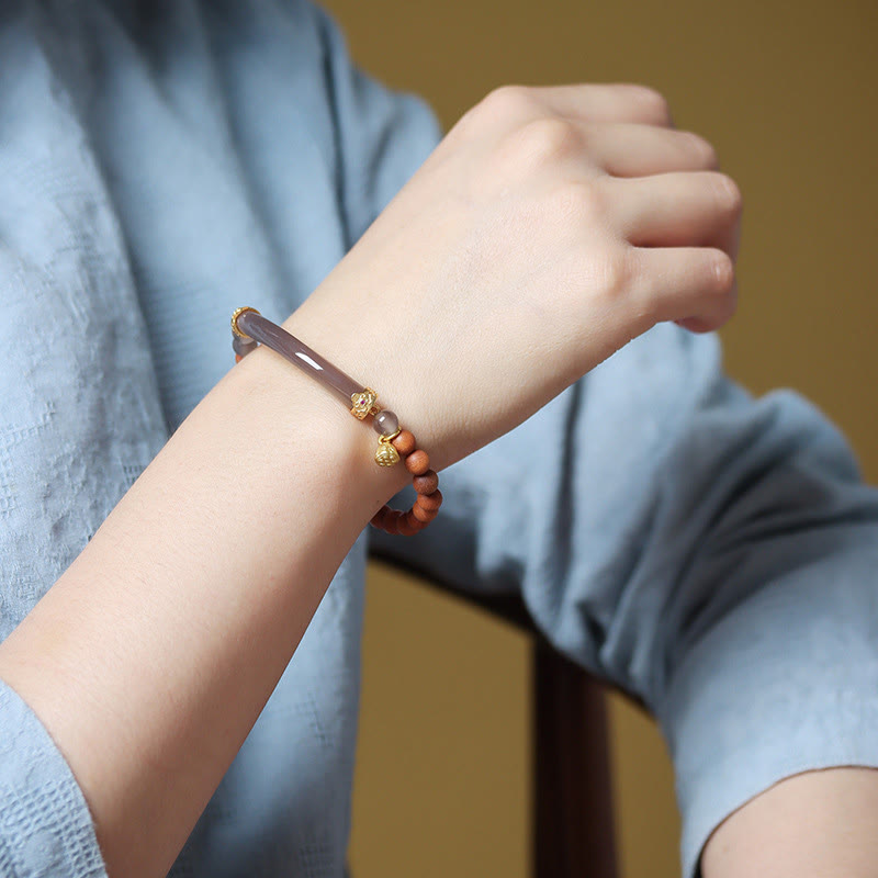 Wear FengShui Sandalwood Gray Agate Chalcedony Cuff Half Bracelet Bangle