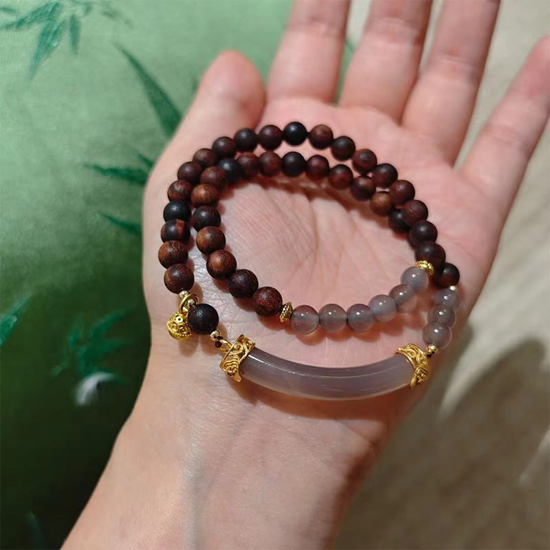 Wear FengShui Sandalwood Gray Agate Chalcedony Cuff Half Bracelet Bangle