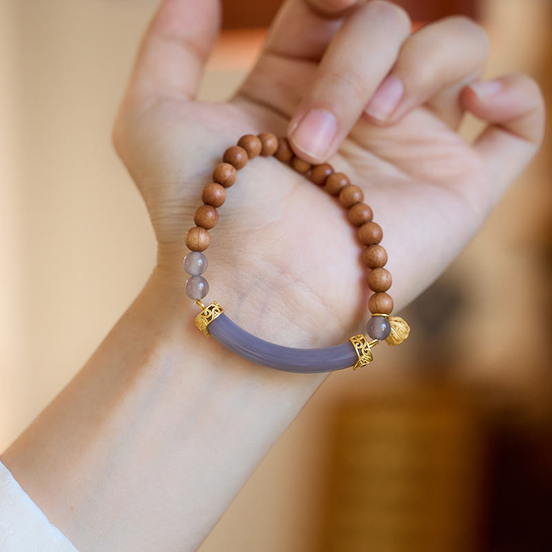 Wear FengShui Sandalwood Gray Agate Chalcedony Cuff Half Bracelet Bangle