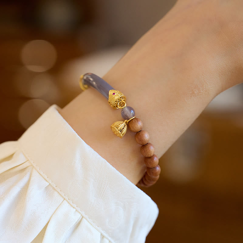 Wear FengShui Sandalwood Gray Agate Chalcedony Cuff Half Bracelet Bangle