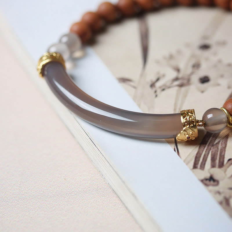 Wear FengShui Sandalwood Gray Agate Chalcedony Cuff Half Bracelet Bangle