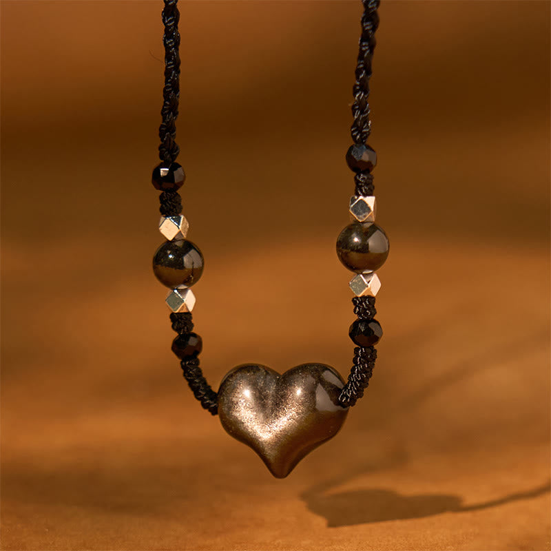 Wear FengShui Natural Silver Sheen Obsidian Heart Protection Necklace Pendant