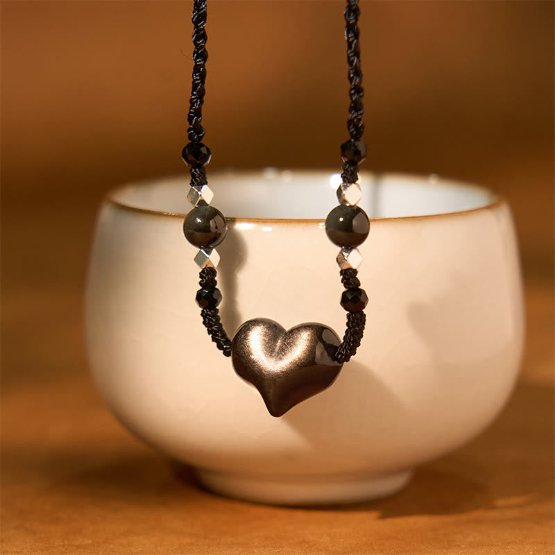 Wear FengShui Natural Silver Sheen Obsidian Heart Protection Necklace Pendant