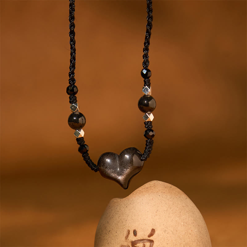 Wear FengShui Natural Silver Sheen Obsidian Heart Protection Necklace Pendant