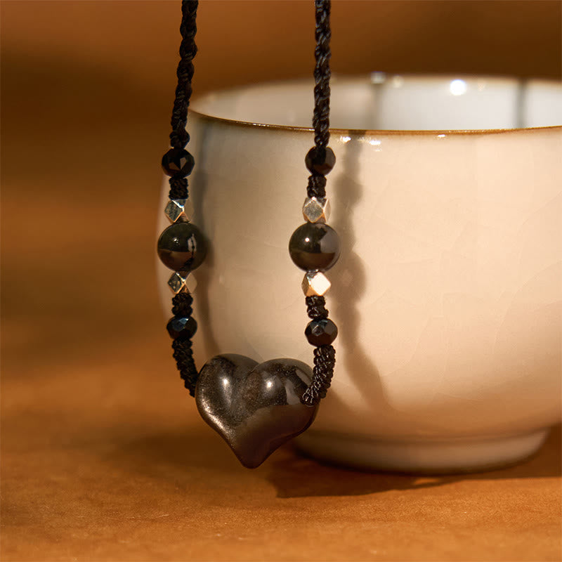 Wear FengShui Natural Silver Sheen Obsidian Heart Protection Necklace Pendant