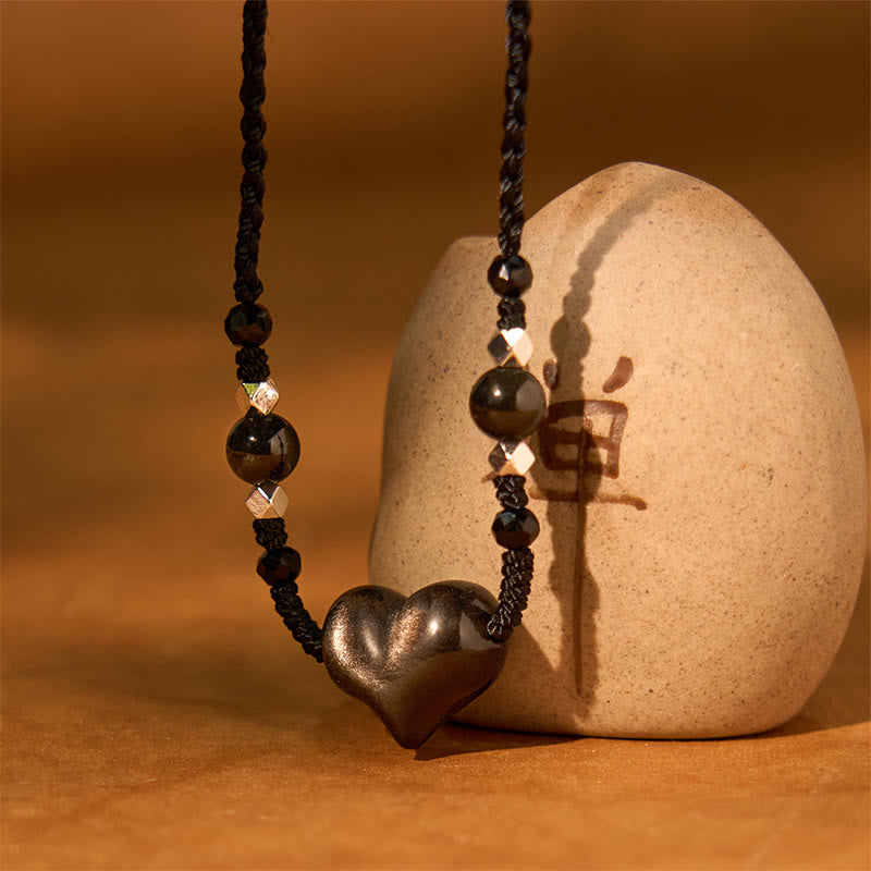 Wear FengShui Natural Silver Sheen Obsidian Heart Protection Necklace Pendant