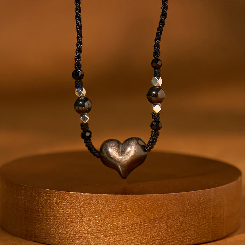 Wear FengShui Natural Silver Sheen Obsidian Heart Protection Necklace Pendant