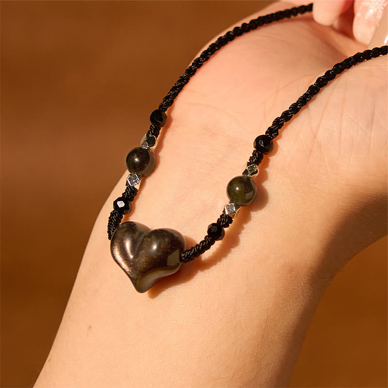 Wear FengShui Natural Silver Sheen Obsidian Heart Protection Necklace Pendant