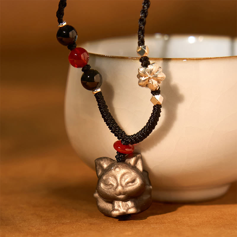 Wear FengShui Natural Silver Sheen Obsidian Nine Tailed Fox Protection Necklace Pendant
