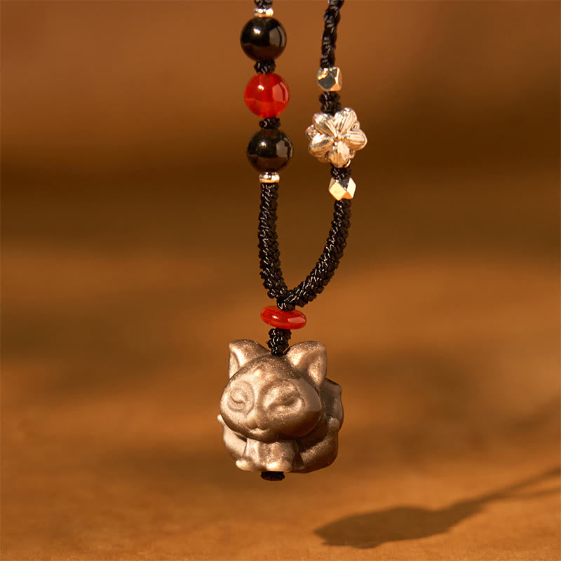 Wear FengShui Natural Silver Sheen Obsidian Nine Tailed Fox Protection Necklace Pendant