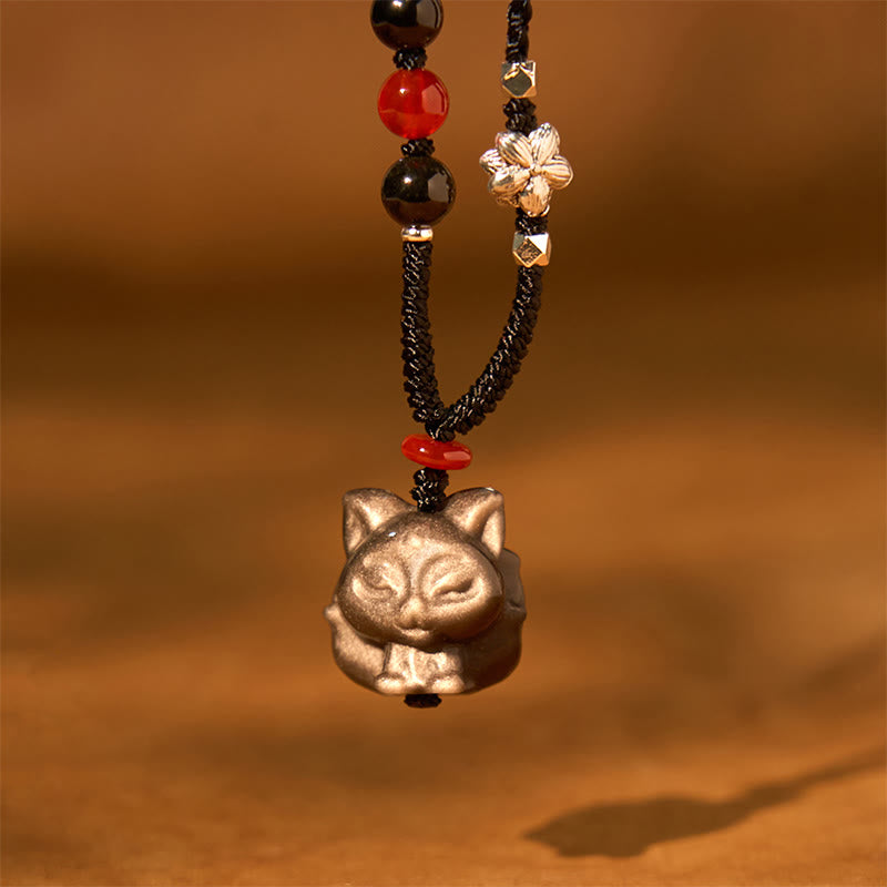 Wear FengShui Natural Silver Sheen Obsidian Nine Tailed Fox Protection Necklace Pendant