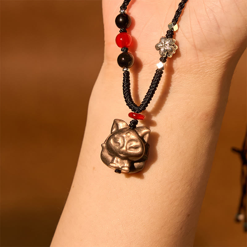Wear FengShui Natural Silver Sheen Obsidian Nine Tailed Fox Protection Necklace Pendant