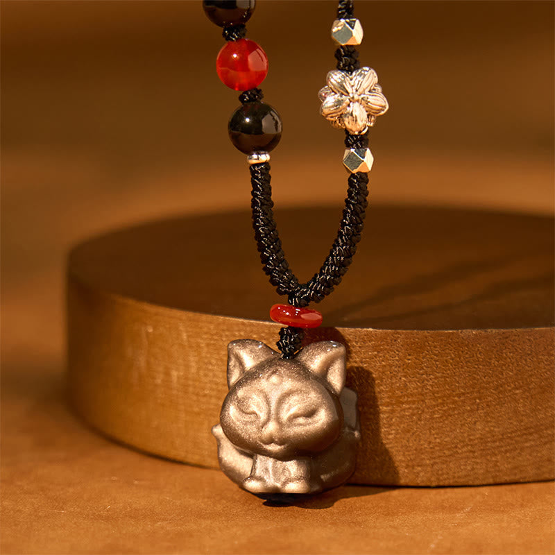 Wear FengShui Natural Silver Sheen Obsidian Nine Tailed Fox Protection Necklace Pendant