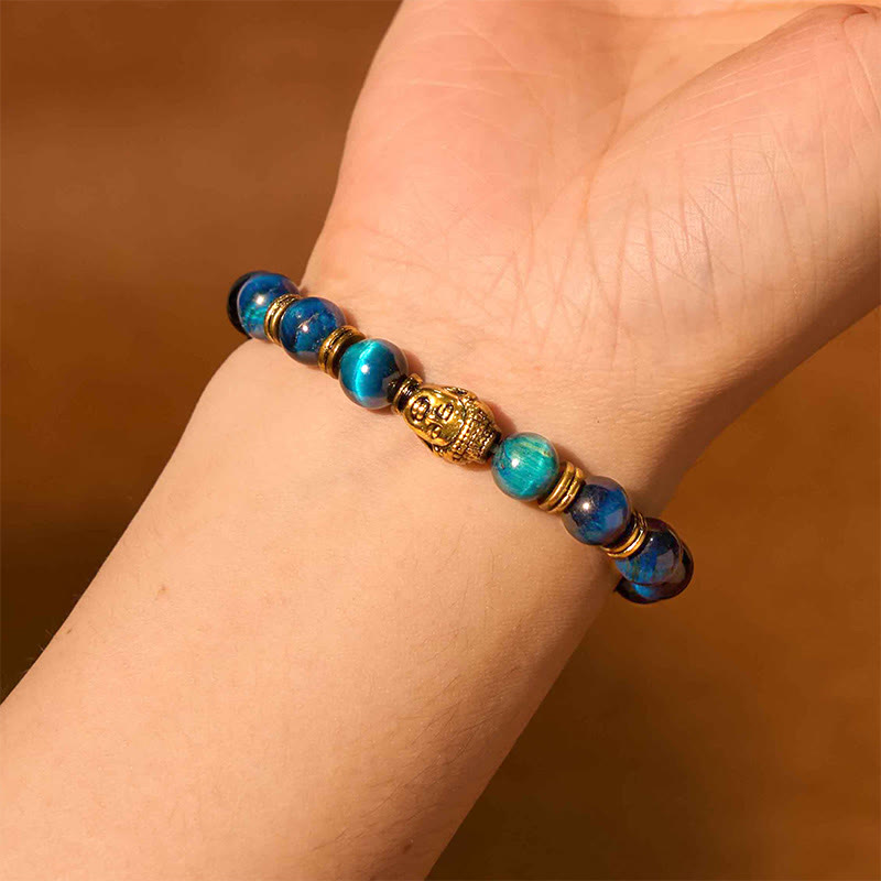Wear FengShui Blue Green Red Tiger Eye Buddha Head Balance Bracelet