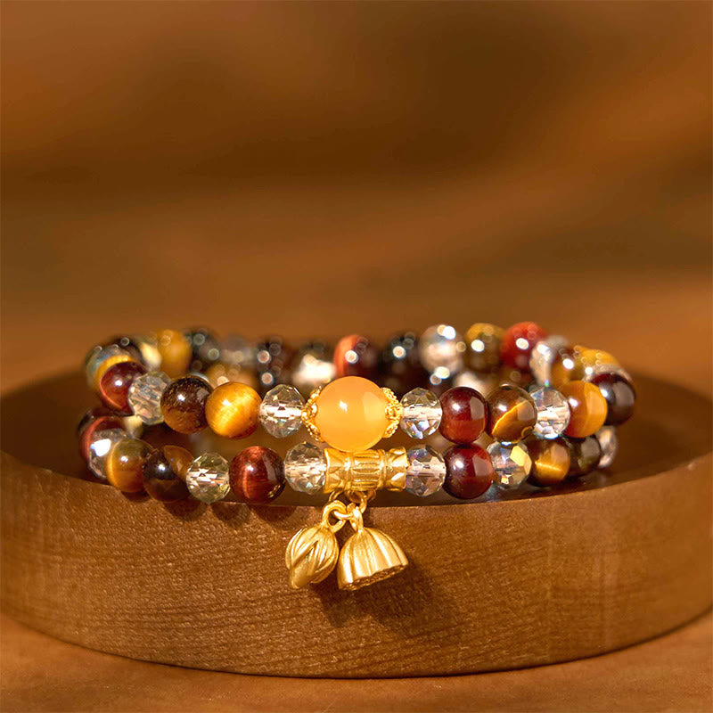 Wear FengShui Colorful Tiger Eye Lotus Multi-circle Elastic Rope Protection Bracelet
