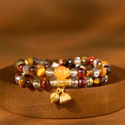 Wear FengShui Colorful Tiger Eye Lotus Multi-circle Elastic Rope Protection Bracelet