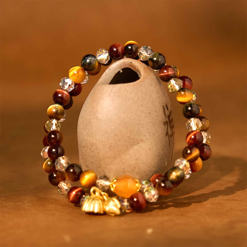 Wear FengShui Colorful Tiger Eye Lotus Multi-circle Elastic Rope Protection Bracelet