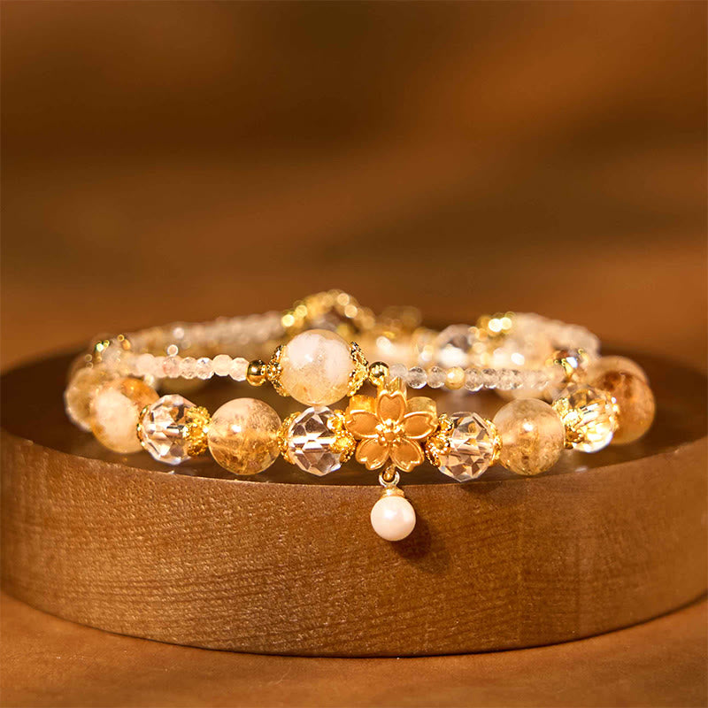 Wear FengShui Natural Citrine Glass Beads Flower Multiple Layers Prosperity Bracelet