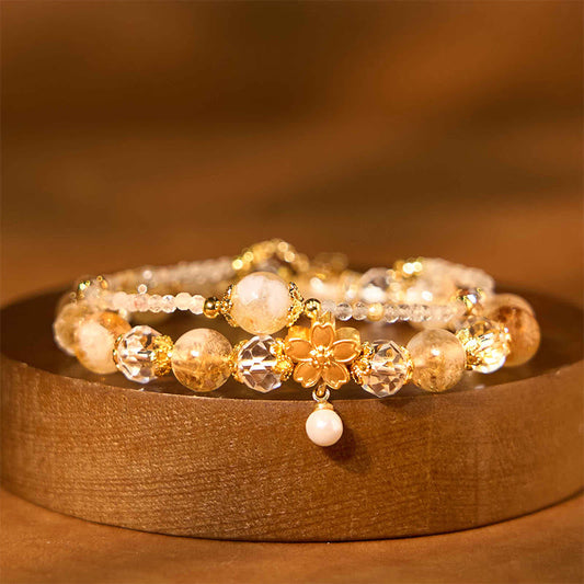 Wear FengShui Natural Citrine Glass Beads Flower Multiple Layers Prosperity Bracelet