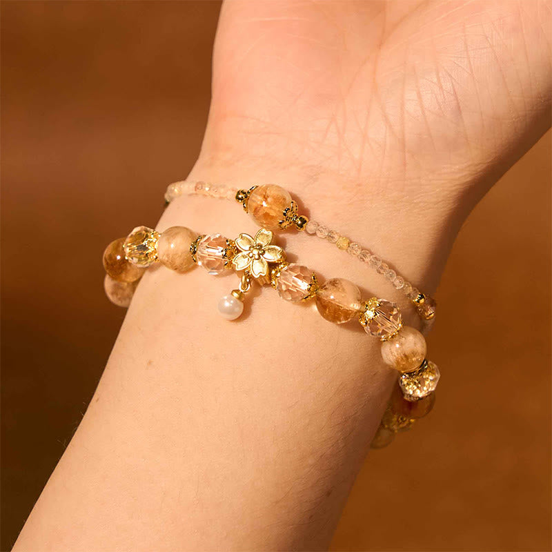Wear FengShui Natural Citrine Glass Beads Flower Multiple Layers Prosperity Bracelet