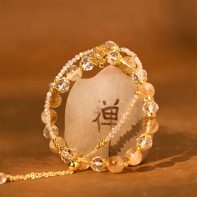 Wear FengShui Natural Citrine Glass Beads Flower Multiple Layers Prosperity Bracelet