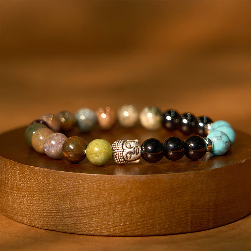 Wear FengShui Natural Black Onyx White Stone Green Aventurine Tiger Eye Agate Mixed Color Buddha Head Protection Bracelet