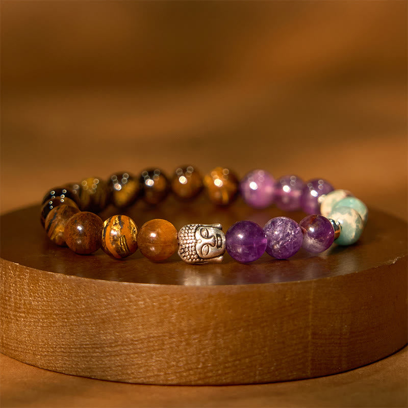 Wear FengShui Natural Black Onyx White Stone Green Aventurine Tiger Eye Agate Mixed Color Buddha Head Protection Bracelet