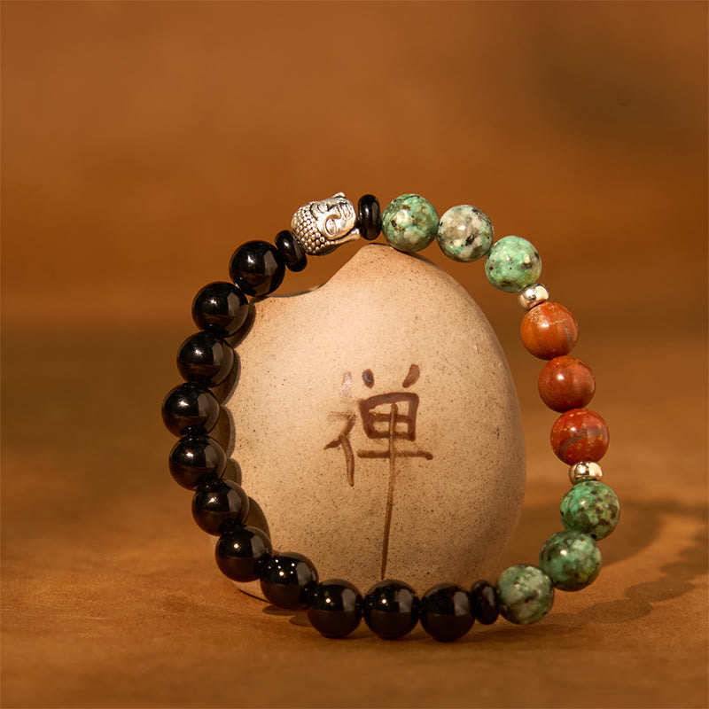 Wear FengShui Natural Black Onyx White Stone Green Aventurine Tiger Eye Agate Mixed Color Buddha Head Protection Bracelet