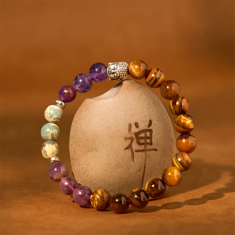 Wear FengShui Natural Black Onyx White Stone Green Aventurine Tiger Eye Agate Mixed Color Buddha Head Protection Bracelet
