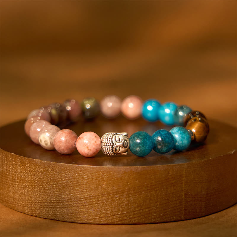 Wear FengShui Natural Black Onyx White Stone Green Aventurine Tiger Eye Agate Mixed Color Buddha Head Protection Bracelet