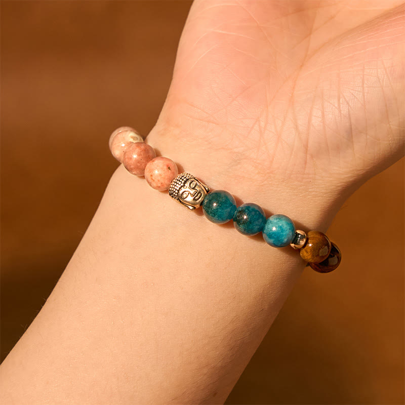 Wear FengShui Natural Black Onyx White Stone Green Aventurine Tiger Eye Agate Mixed Color Buddha Head Protection Bracelet